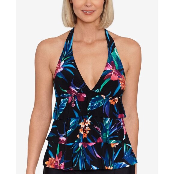 Swim Solutions Womens Floral Halter Tankini Top Bust Support Black Blue 12 - Picture 1 of 7